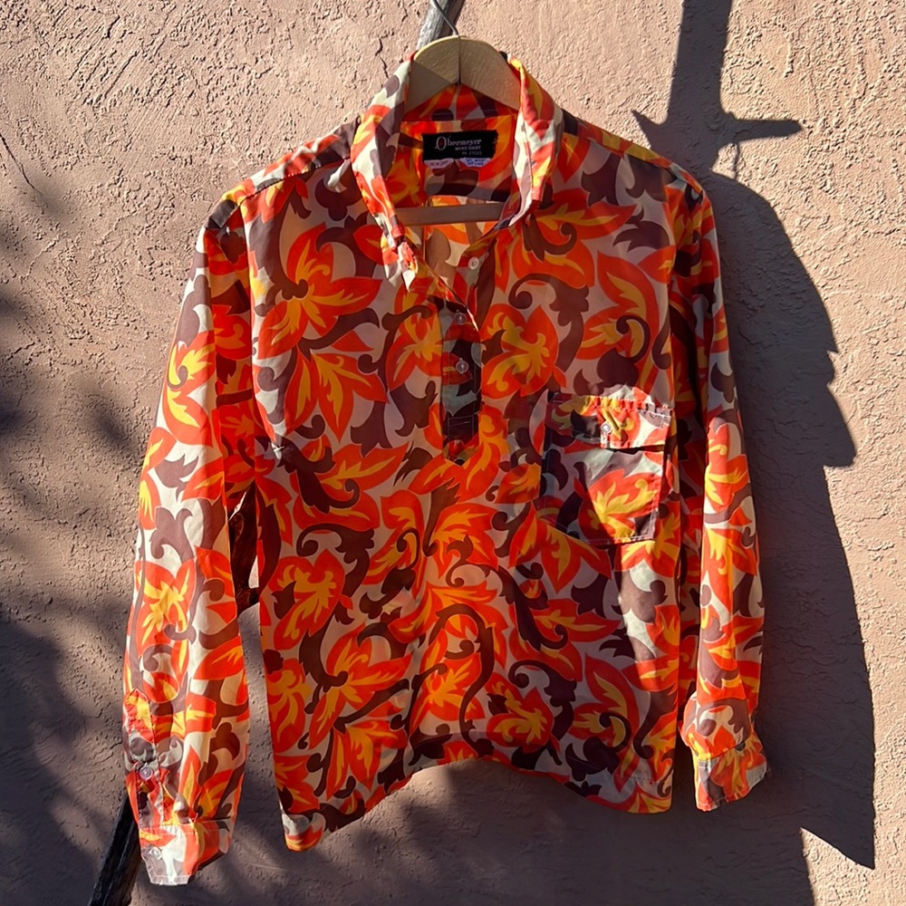 Vintage 1970s Obermeyer Psychedelic Floral Nylon Ski Wind Shirt Made in Japan